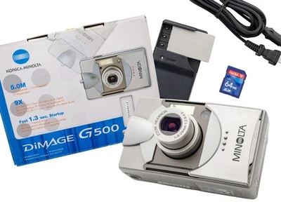 Minolta DiMAGE G500 5MP DigiCam Stainless Compact Rare Hexagon f2.8 Lens TESTED - Image 1 of 4