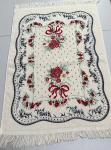 VTG 80s Hand Towel Cream With Flowers And Red Ribbons Blue Fringed Cotton Cannon - Picture 1 of 4
