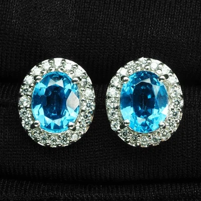 Charming London Blue Topaz 4.70ct 925 Sterling Silver Handmade Halo Earrings - Image 1 of 4