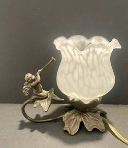 Vintage Cast Metal Accent Lamp With Oil Spot Glass Shade & Cherub With Horn - Picture 1 of 10