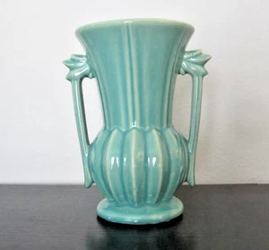 Vtg McCoy Green Turquoise Double Handled Ribbed 9" Vase Art Deco Style - Picture 1 of 12