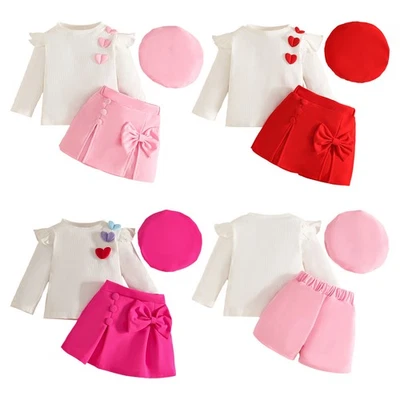 Top e gonna a costine bambina bottoni fiocco 3 pezzi outfit festa cappello - Immagine 1 di 3