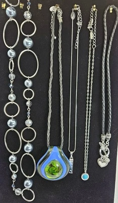 Lot Of 5 Signed Lia Sophia Necklaces Silver Tone, Blue Accents, Long And Short  - Image 1 of 4
