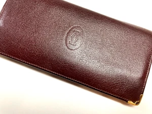 CARTIER VINTAGE CABOCHON CC MUST METAL EDGES LEATHER LONG WALLET FRANCE RED - Picture 1 of 22