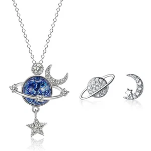 925 Silver Crystal Moon Star Planet Necklace Stud Earrings Women Jewellery Gifts - Picture 1 of 31