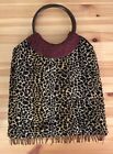 MYSTIQUE Hand Made Beaded Leopard Print Fringe Purse Brown Tote Bamboo Handles
