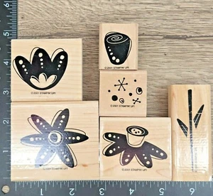 Stampin' Up! FUNKY FLOWERS Set of 6 Wood Mounted Rubber Stamps 2001 with Case - Picture 1 of 5