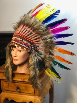 Indian Headdress Native American Feather Head Dress Rainbow Multicoloured - Image 1 of 4