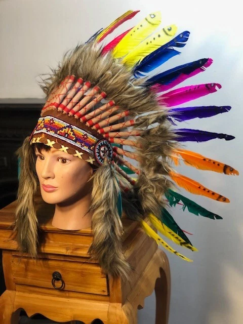 Indian Headdress Native American Feather Head Dress Rainbow Multicoloured - Image 1 of 4