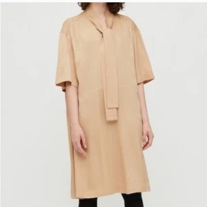 Uniqlo Tie Neck Midi Dress Work Office Career Beige Sz L Lagenlook Minimalist - Picture 1 of 6
