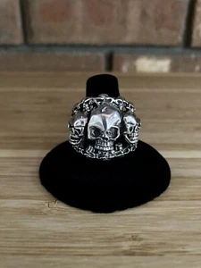 Mens TESTED Sterling Three Skulls Ring Mexico - Picture 1 of 8