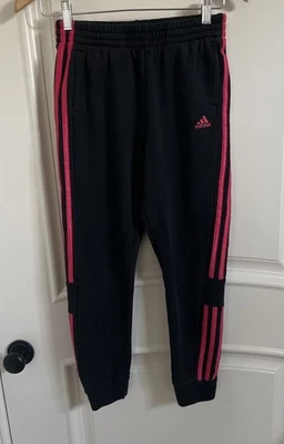 Pantalones deportivos Adidas Joggers bolsillos negros con rayas rosas calientes juveniles L 14 Foto 1 de 4