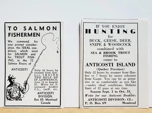 1940 1941 Anticosti Island Canada Salmon Trout Fishing Hunting LOT 2 Print ADS - Picture 1 of 1