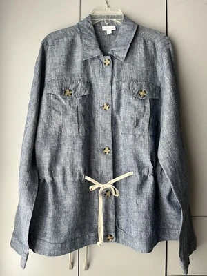 J. Jill Love Linen Jacket Blue Chambray Button Front Drawstring Sz Large Tall - Image 1 of 4