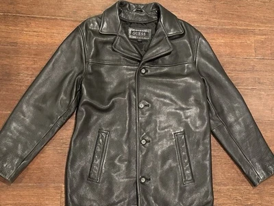 Guess Men’s Small Leather Car Coat Black Heavy Pebbled Mid Length Button Front - Image 1 of 4
