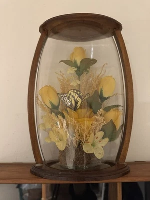 Винтажная стеклянная витрина террариум колокольчик желтая роза цветочный бабочка декор 70-е - Изображение 1 из 4