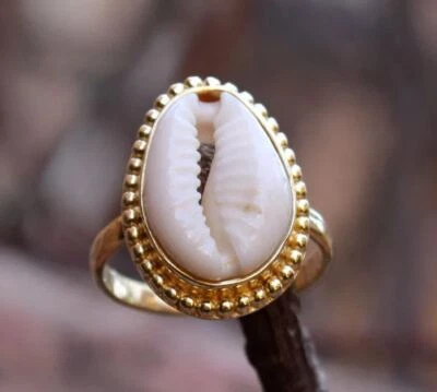Natural Cowrie Shell Ring, 925 Sterling Silver Handmade Gold Plated Ring, Gift  - Image 1 of 4