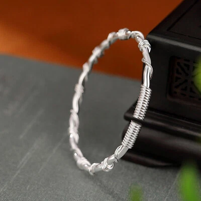 Pure 999 Fine Silver Bangle Women Lucky Glossy Winding Twist Cuff Bracelet 19g - Image 1 of 4