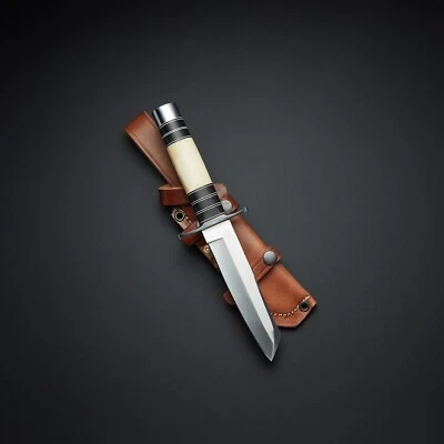 Custom Handmade Loveless D2 Tanto Hunting Bowie Knife with Leather Sheath - Image 1 of 3