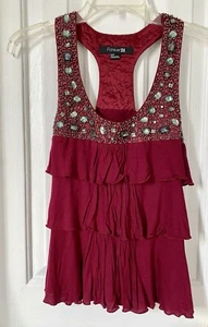 Forever 21 Tank Knit Top with Bead and Gem Stones 3-tiers Ruffle Burgundy NWT - Picture 1 of 2