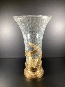 Vintage Art Nouveau Mouth Blown 15” Crackle Glass Vase W/ Ornate Brass Base - Picture 1 of 16