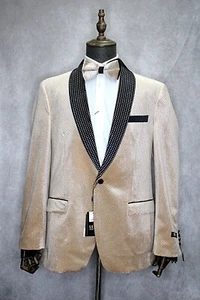 Men's Suslo Couture Champagne & Black Velvet Slim Fit Formal Tuxedo Blazer FB13 - Picture 1 of 5