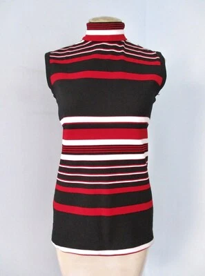 Vtg 60s 70s Mod Black Red White Stripe Mock T-Neck Shell Blouse Top Poly Knit M - Image 1 of 4