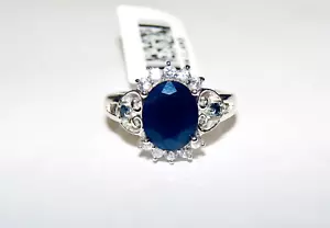 2.40CT OVAL BLUE SAPPHIRE 2 BLUE DIAMOND STERLING SILVER HALO RING 6 NIB HEARTS - Picture 1 of 7