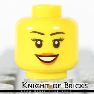 LEGO Minifigure Head YELLOW Female Black Eyebrows Peach Lips Open Smile - Bild 1 von 2