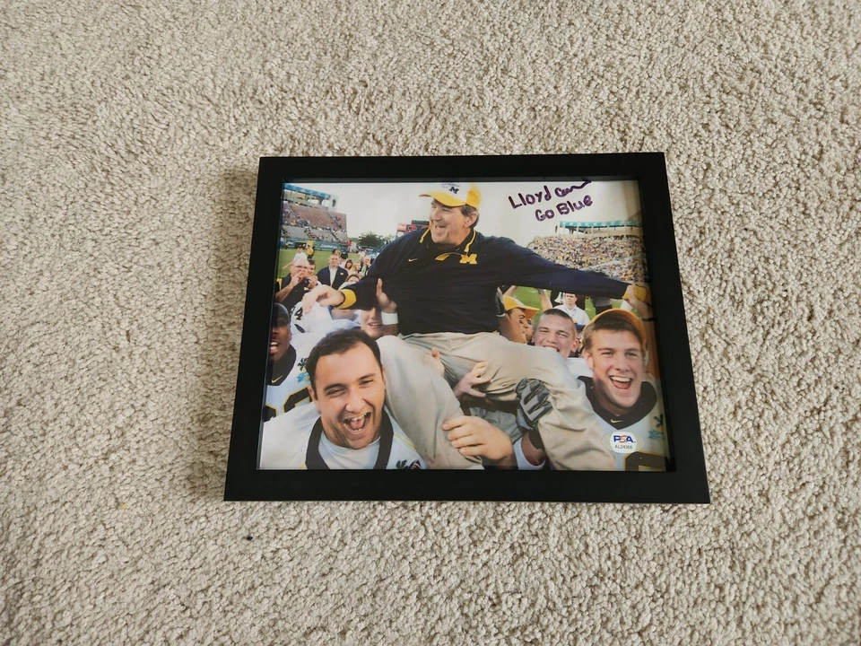 Michigan Wolverines Lloyd Carr Autographed 8x10 Photo Carried Off Field Team COA - Image 1 of 4