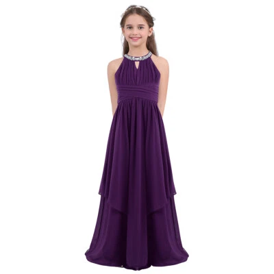 Kid Girl Halter-Neck Chiffon Bridesmaid Dress Wedding Prom Evening Long Gown - Image 1 of 2
