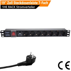 19" Zoll Steckdosenleiste 7-Fach 1HE, RACK, Stromverteiler Schutzkontaktstecker - Afbeelding 1 van 9