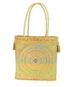 Mandala Beige Handbag Indian Ethnic Woven Zari Brocade Women Shoulder Hand Bag - Picture 1 of 9
