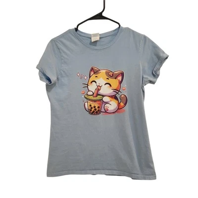 Kawaii Anime Kitty Calico Cute Cat Boba Tea Blue Graphic T-Shirt Size Small - Image 1 of 4