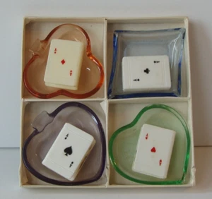 Vintage Card Suits Glass Ashtrays & Plastic Matchbook Holders Set w/Original Box - Picture 1 of 3