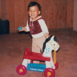 Vintage Polaroid Photo Boy Fisher Price Riding Toy Horse Cute Funny Snapshot - Picture 1 of 5