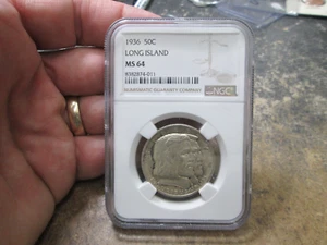 1936 LONG ISLAND COMMEMORATIVE SILVER HALF DOLLAR IN UNCIRCULATED NGC MS64 - Picture 1 of 4