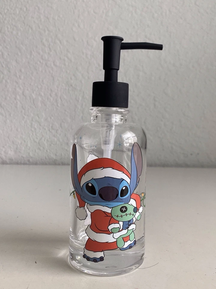 Disney Stitch & Scrump Christmas Santa Hat Soap Dispenser Clear Glass NEW - Image 1 of 4