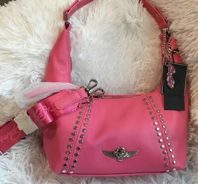ED HARDY Pink studded Lorna Hobo Crossbody Bag With Key Charm, NEW - Image 1 of 4