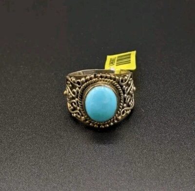 Anillo Turquesa Plata Esterlina STS 925 Talla 8.25 - 10.35g Ornamentado Estilo Bali Boho  Foto 1 de 4