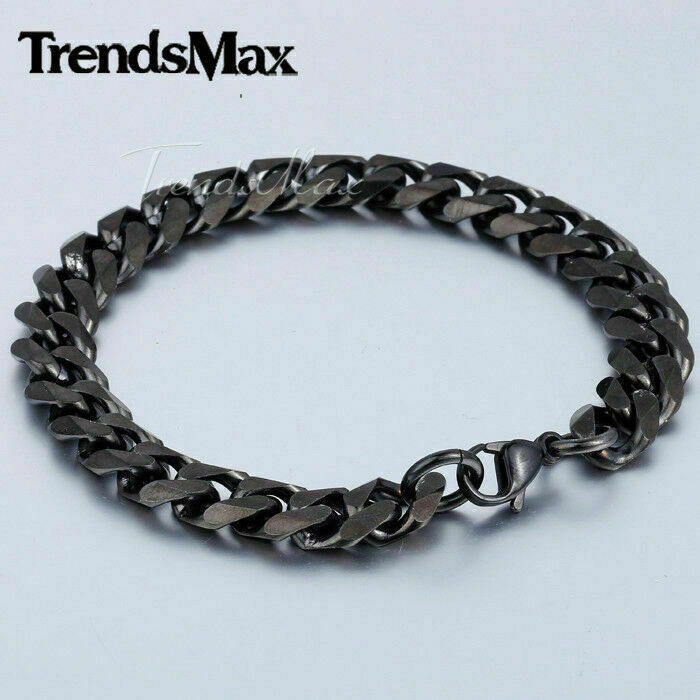 3/5/7/9/11mm Black Tone Stainless Steel Curb Cuban Link Chain Bracelet 7-11inch