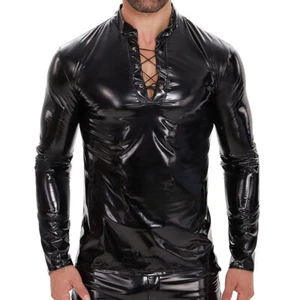 Men's Glossy Latex Leather Shirt Top Slim PVC Shiny Wet Look Long Sleeve T-shirt - Picture 1 of 6