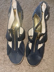 Michael Kors Berkley Weave Canvas Espadrille Wedge Sandals Jeans Size 9 - Picture 1 of 9