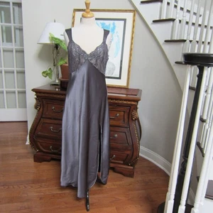 Vintage April Cornell Gray Satin Embellished Lace Trim Side Split Nightgown sz L - Picture 1 of 9