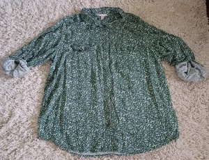 Woman Within 2X 26/28 Green Leaf Print Rayon Top Button Front Roll Tab Sleeve - Picture 1 of 6
