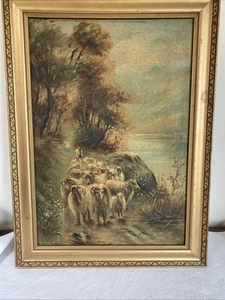 Antico dipinto olio su tavola con cornice dorata F Robson di pecora - Foto 1 di 9