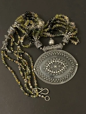 Sterling Silver Necklace Ethnic Antique Vintage Peridot Citrine Heavy 81g 925  - Image 1 of 4