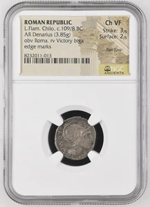 109/8 BC C Roman Republic 109/8 BC AR Denarius L.Flam. Chilo NGC Ancients Ch VF - Picture 1 of 2