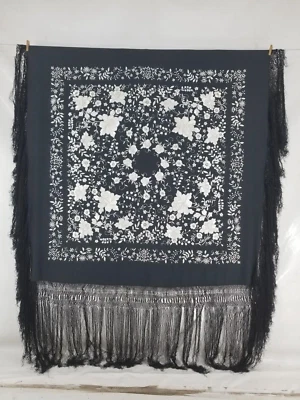 Vintage Chinese Silk Hand Embroidered Floral Piano Shawl 53x52 inches  - Image 1 of 4
