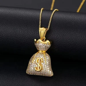 D/FL Real Moissanite 14K Yellow Gold Fn Money Bag With Dollar Sign Pendant 1.5" - Picture 1 of 9